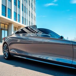 a sleek and modern sedan car, parked in an urban setting, showcasing its shiny exterior and aerodynamic design, with clear blue skies reflecting off its windows, capturing the elegance and sophistication of a luxury vehicle