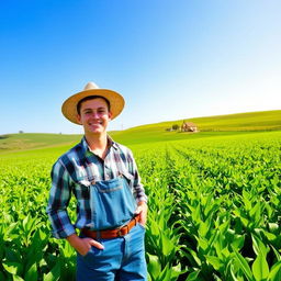 A young farmer standing proudly in a lush, verdant field, surrounded by thriving crops under a clear blue sky