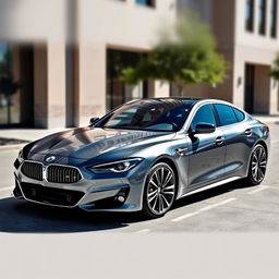 a sleek and modern sedan car, parked in an urban setting, showcasing its shiny exterior and aerodynamic design, with clear blue skies reflecting off its windows, capturing the elegance and sophistication of a luxury vehicle