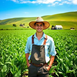 A young farmer standing proudly in a lush, verdant field, surrounded by thriving crops under a clear blue sky