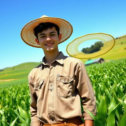 A young farmer standing proudly in a lush, verdant field, surrounded by thriving crops under a clear blue sky