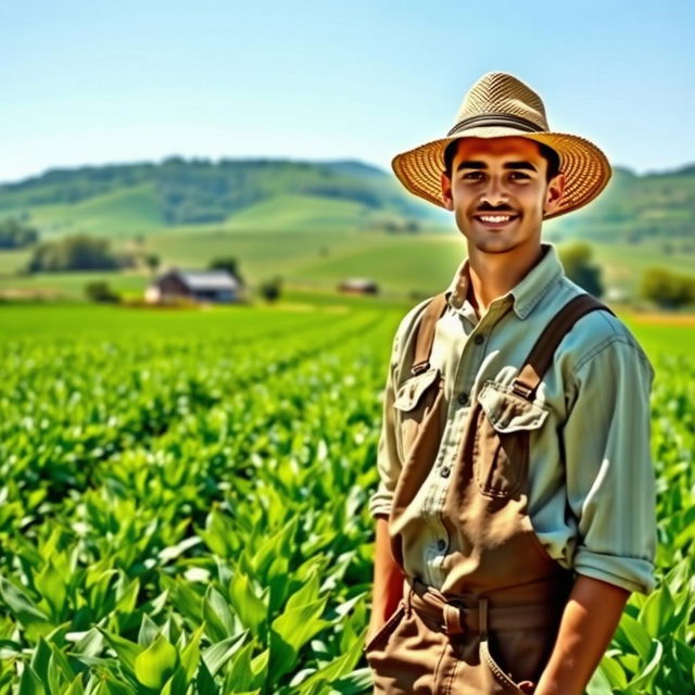 A young farmer standing proudly in a lush, verdant field, surrounded by thriving crops under a clear blue sky