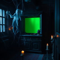 A capboard with a green screen in a ghostly house interior at night, creating an eerie, haunting atmosphere