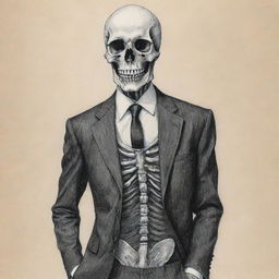 A hand-drawn, menacing skeleton adorned in a stylish suit, each bone inked with careful precision, and imbued with the striking rawness and imperfections of traditional sketching.