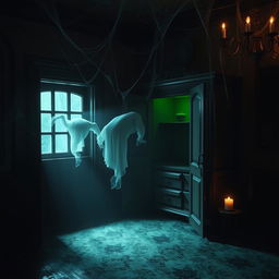 A capboard with a green screen in a ghostly house interior at night, creating an eerie, haunting atmosphere