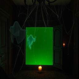 A capboard with a green screen in a ghostly house interior at night, creating an eerie, haunting atmosphere