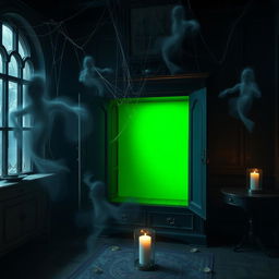 A capboard with a green screen in a ghostly house interior at night, creating an eerie, haunting atmosphere