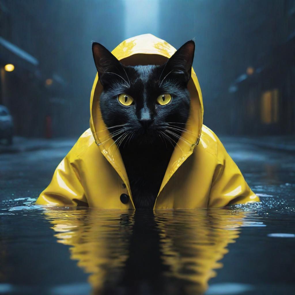 A 2D vector art image of a stark black cat donned in a vibrant yellow raincoat, submerged in a tech-inspired dreamworld. The scene is presented from an intense close-up perspective.