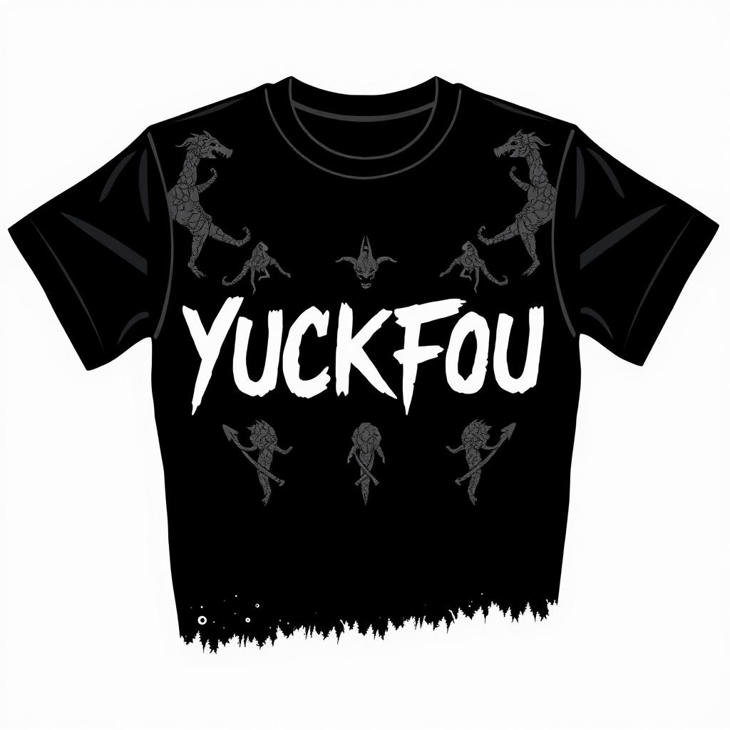 A black t-shirt design with the words 'YUCKFOU' prominently displayed in bold, edgy font