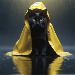 A 2D vector art image of a stark black cat donned in a vibrant yellow raincoat, submerged in a tech-inspired dreamworld. The scene is presented from an intense close-up perspective.