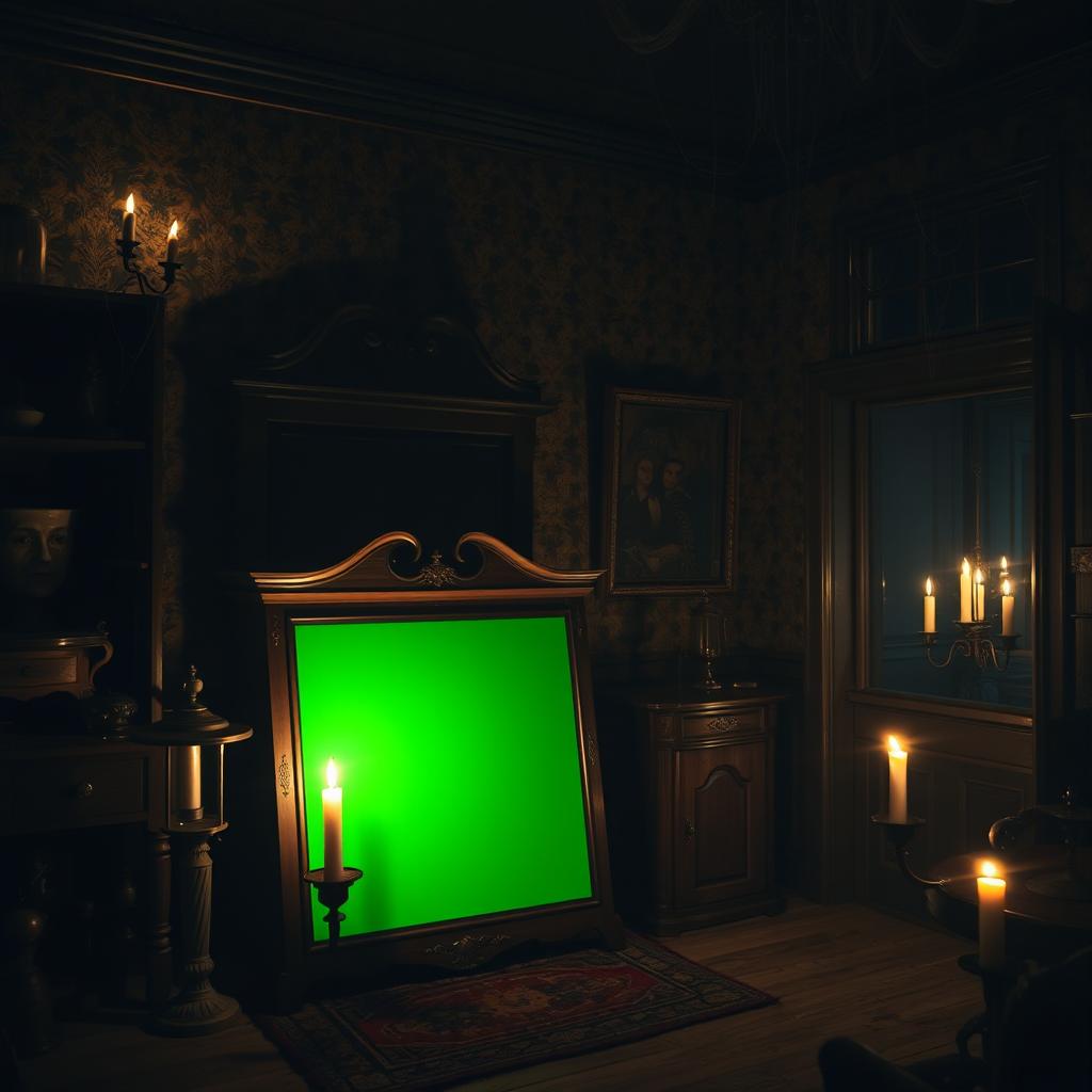 A green screen capboard in a dimly lit horror house at night