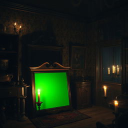 A green screen capboard in a dimly lit horror house at night