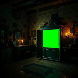 A green screen capboard in a dimly lit horror house at night