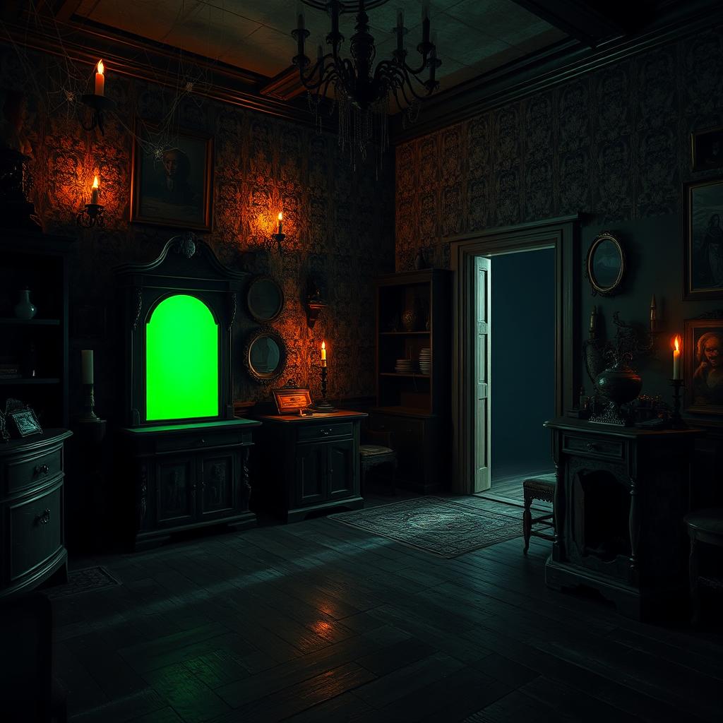 A green screen capboard in a dimly lit horror house at night