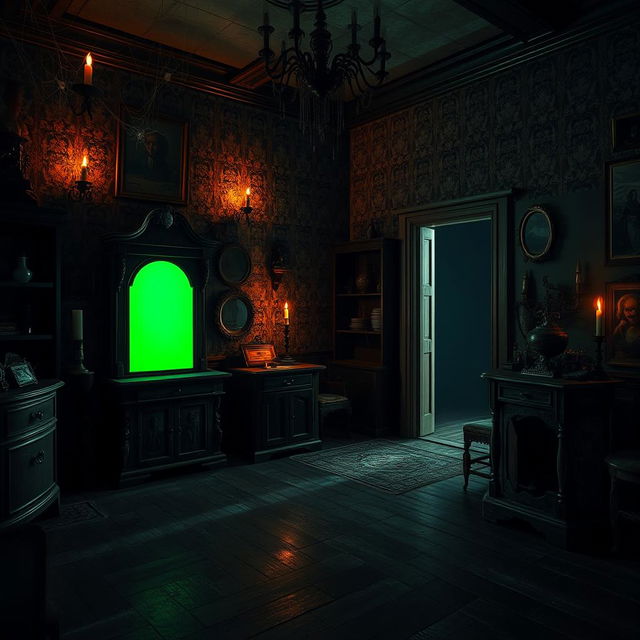 A green screen capboard in a dimly lit horror house at night