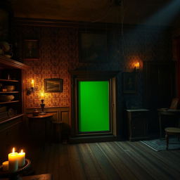 A green screen capboard in a dimly lit horror house at night