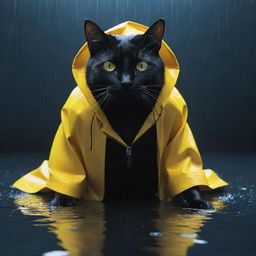 A 2D vector art image of a stark black cat donned in a vibrant yellow raincoat, submerged in a tech-inspired dreamworld. The scene is presented from an intense close-up perspective.