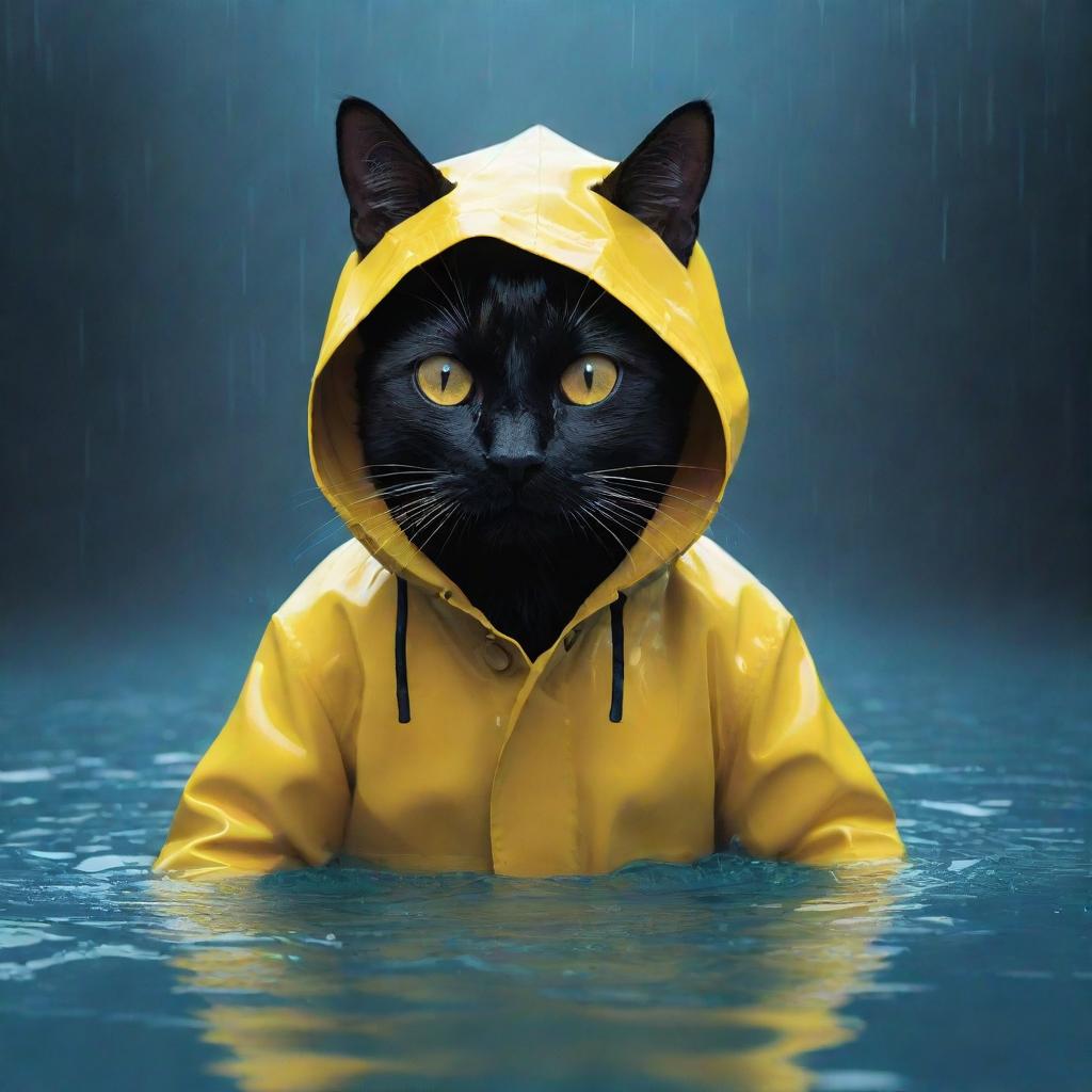 A 2D vector art image of a stark black cat donned in a vibrant yellow raincoat, submerged in a tech-inspired dreamworld. The scene is presented from an intense close-up perspective.