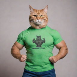 A muscular cat in a green t-shirt, striking a bodybuilder's pose, suitable for a postcard.