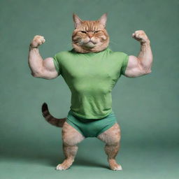 A muscular cat in a green t-shirt, striking a bodybuilder's pose, suitable for a postcard.