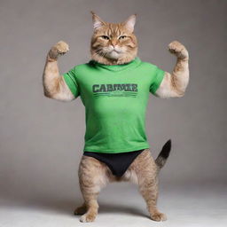 A muscular cat in a green t-shirt, striking a bodybuilder's pose, suitable for a postcard.