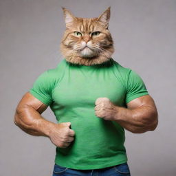 A muscular cat in a green t-shirt, striking a bodybuilder's pose, suitable for a postcard.