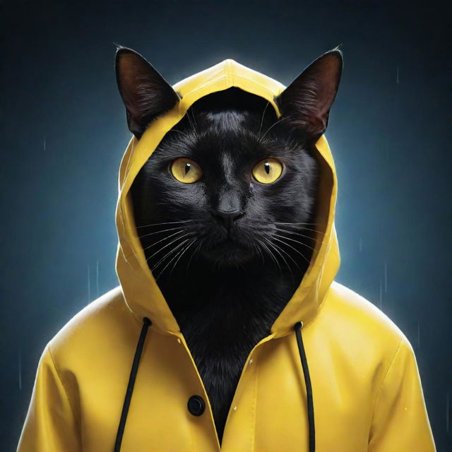 Convert the image of the black cat in a yellow raincoat immersed in a technology dreamworld into 2D vector art. Keep the intense closeup perspective intact.