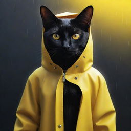 Convert the image of the black cat in a yellow raincoat immersed in a technology dreamworld into 2D vector art. Keep the intense closeup perspective intact.