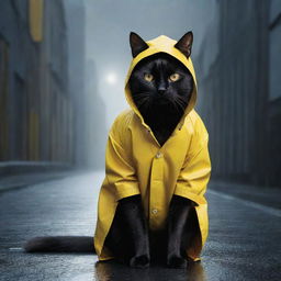 Convert the image of the black cat in a yellow raincoat immersed in a technology dreamworld into 2D vector art. Keep the intense closeup perspective intact.