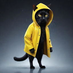 Convert the image of the black cat in a yellow raincoat immersed in a technology dreamworld into 2D vector art. Keep the intense closeup perspective intact.