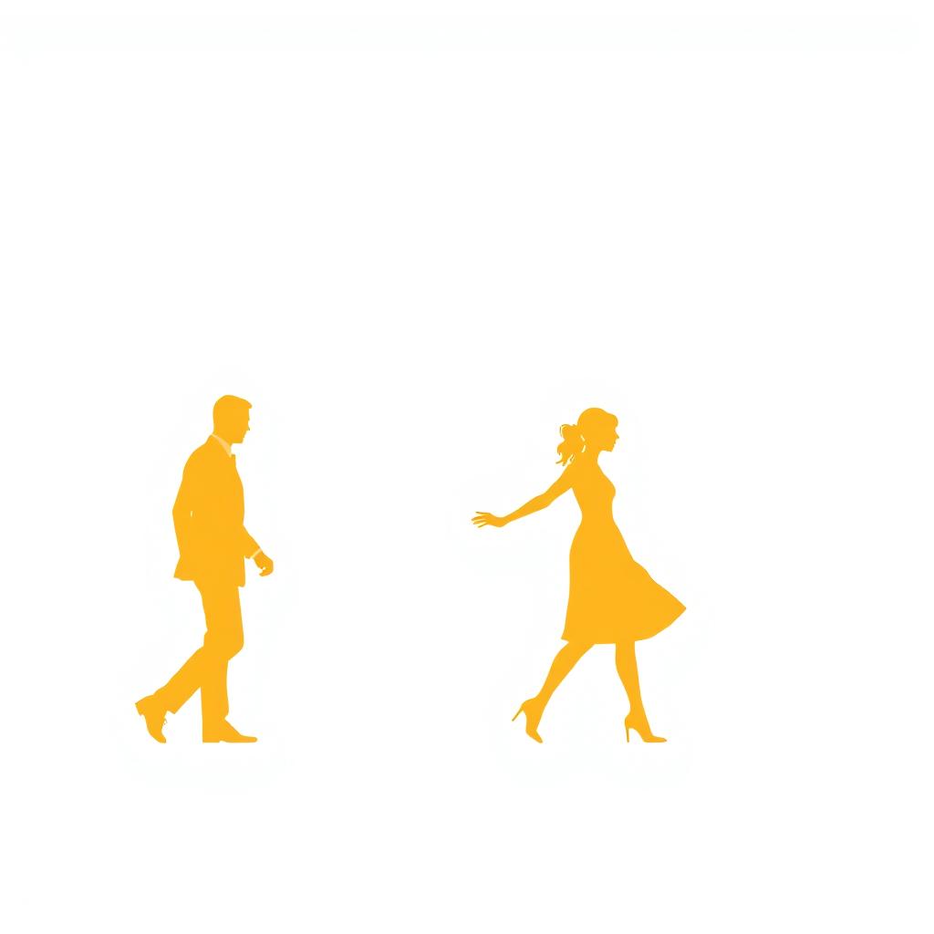 Silhouettes of a man and a woman walking hand in hand, set against a white background