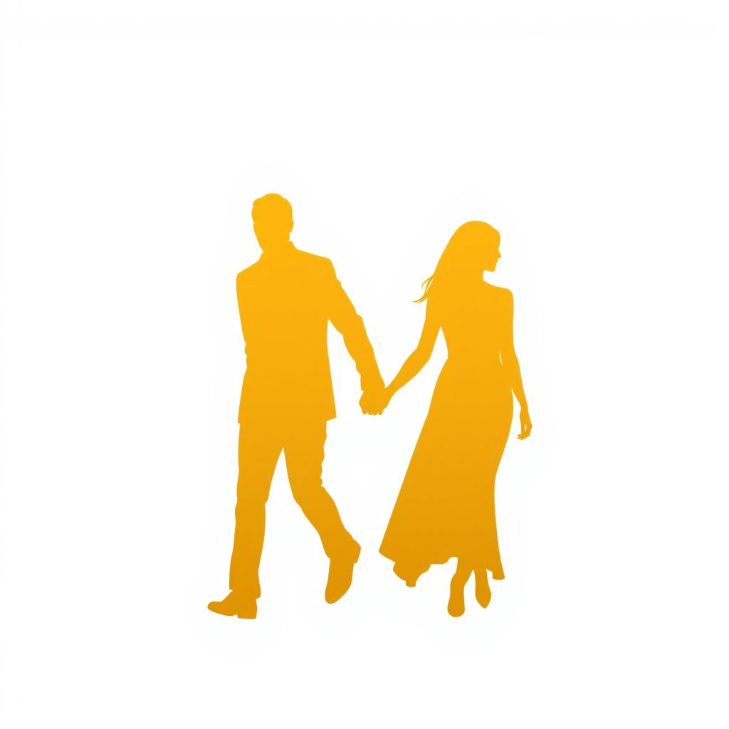 Silhouettes of a man and a woman walking hand in hand, set against a white background