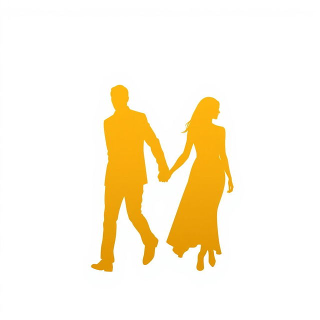 Silhouettes of a man and a woman walking hand in hand, set against a white background