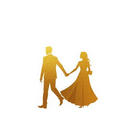 gold silhouettes of a man and a woman walking hand in hand on a white background