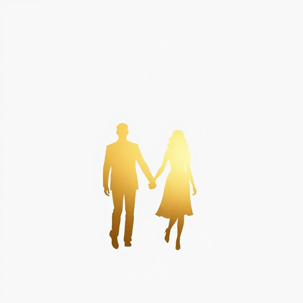 gold silhouettes of a man and a woman walking hand in hand on a white background