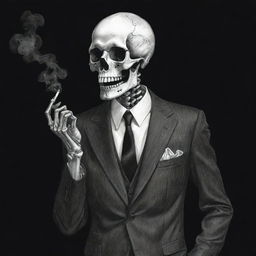 A hand-drawn, ominous skeleton, donned in a swanky suit, puffing smoke from a lit cigarette held in his skeletal fingers, emanating an eerie aura with a hint of rebellion.