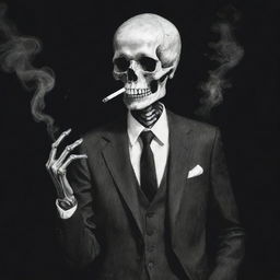 A hand-drawn, ominous skeleton, donned in a swanky suit, puffing smoke from a lit cigarette held in his skeletal fingers, emanating an eerie aura with a hint of rebellion.