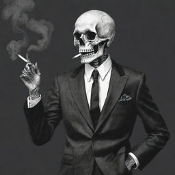 A hand-drawn, ominous skeleton, donned in a swanky suit, puffing smoke from a lit cigarette held in his skeletal fingers, emanating an eerie aura with a hint of rebellion.