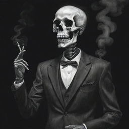 A hand-drawn, ominous skeleton, donned in a swanky suit, puffing smoke from a lit cigarette held in his skeletal fingers, emanating an eerie aura with a hint of rebellion.