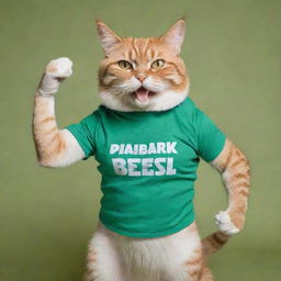 Muscular cat in a green t-shirt standing and flexing its muscles. The t-shirt has the inscription 'Sberbank' on the chest, arranged for a postcard.