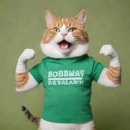 Muscular cat in a green t-shirt standing and flexing its muscles. The t-shirt has the inscription 'Sberbank' on the chest, arranged for a postcard.