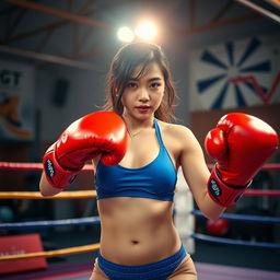 a person with a Korean face wearing a sporty blue bikini playing boxing in a vibrant gym setting