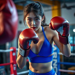 a person with a Korean face wearing a sporty blue bikini playing boxing in a vibrant gym setting