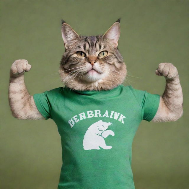 Muscular cat in a green t-shirt standing and flexing its muscles. The t-shirt has the inscription 'Sberbank' on the chest, arranged for a postcard.