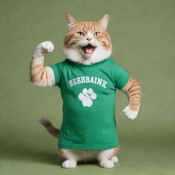 Muscular cat in a green t-shirt standing and flexing its muscles. The t-shirt has the inscription 'Sberbank' on the chest, arranged for a postcard.