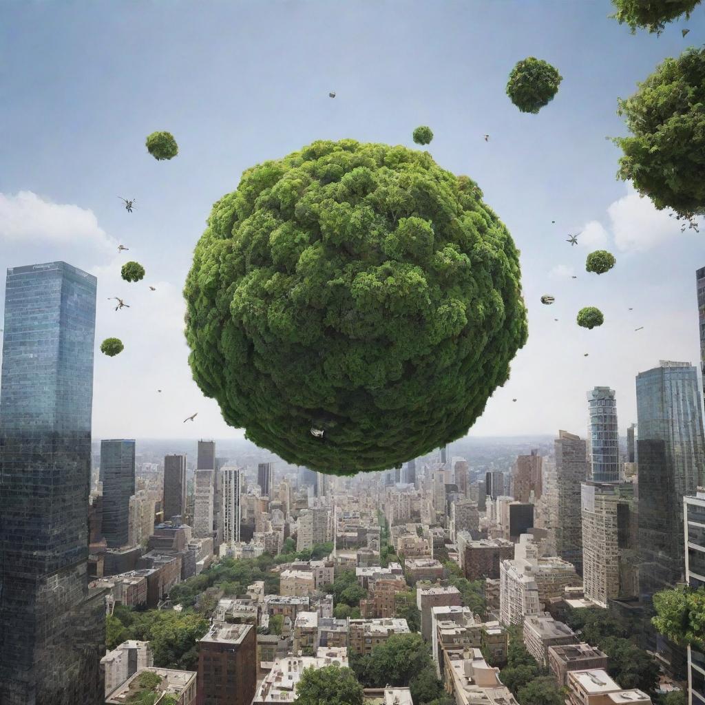 Visualize Earth with no gravity: buildings, cars, and objects levitating, trees and plants growing chaotically without a defined 'up', and people floating in the air, trying to grapple with their new weightless state.