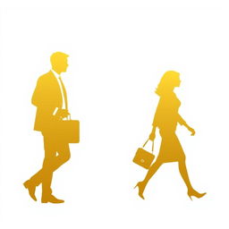 silhouettes in gold of a man holding a briefcase and a woman walking hand in hand, set against a white background