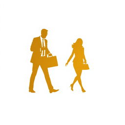 silhouettes in gold of a man holding a briefcase and a woman walking hand in hand, set against a white background