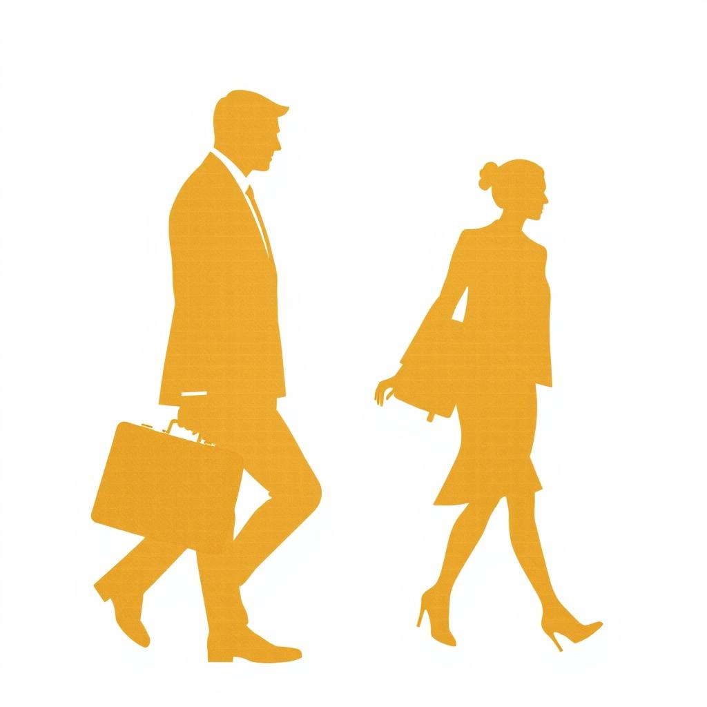 silhouettes in gold of a man holding a briefcase and a woman walking hand in hand, set against a white background