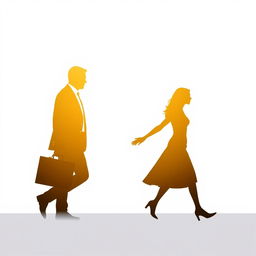 silhouettes in gold of a man holding a briefcase and a woman walking hand in hand, set against a white background